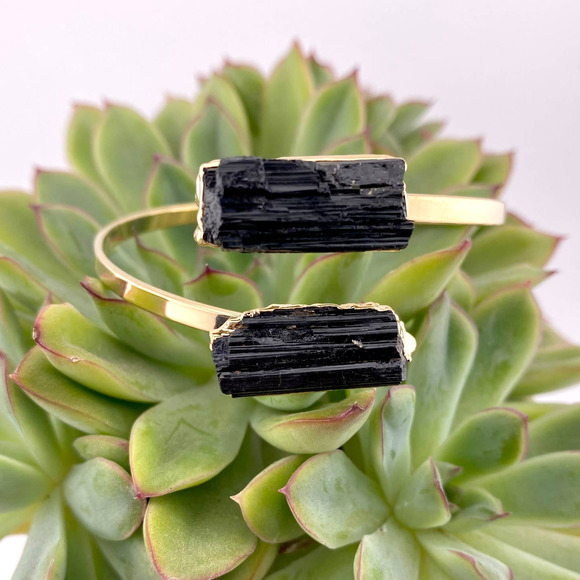 Natural Black Tourmaline Open Double Stone 18k Gold Plated Cuff Bracelet - Picture 4 of 8